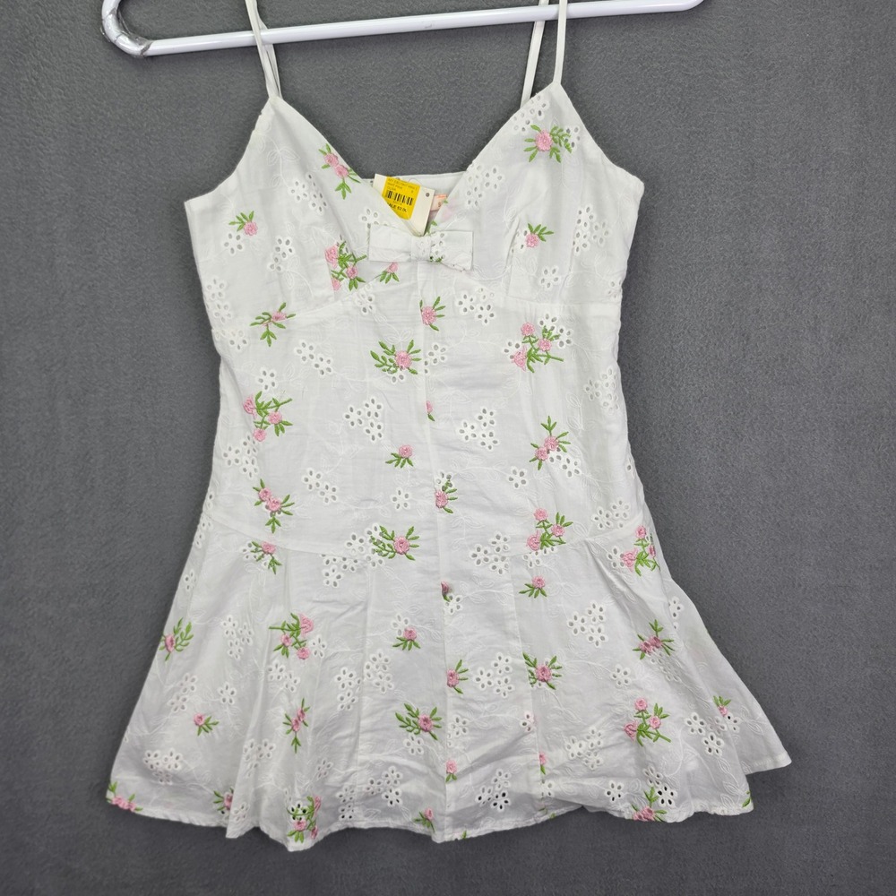Olivaceous Mini Dress Eyelet Floral Embroidered White Pink Small Cotton Summer
